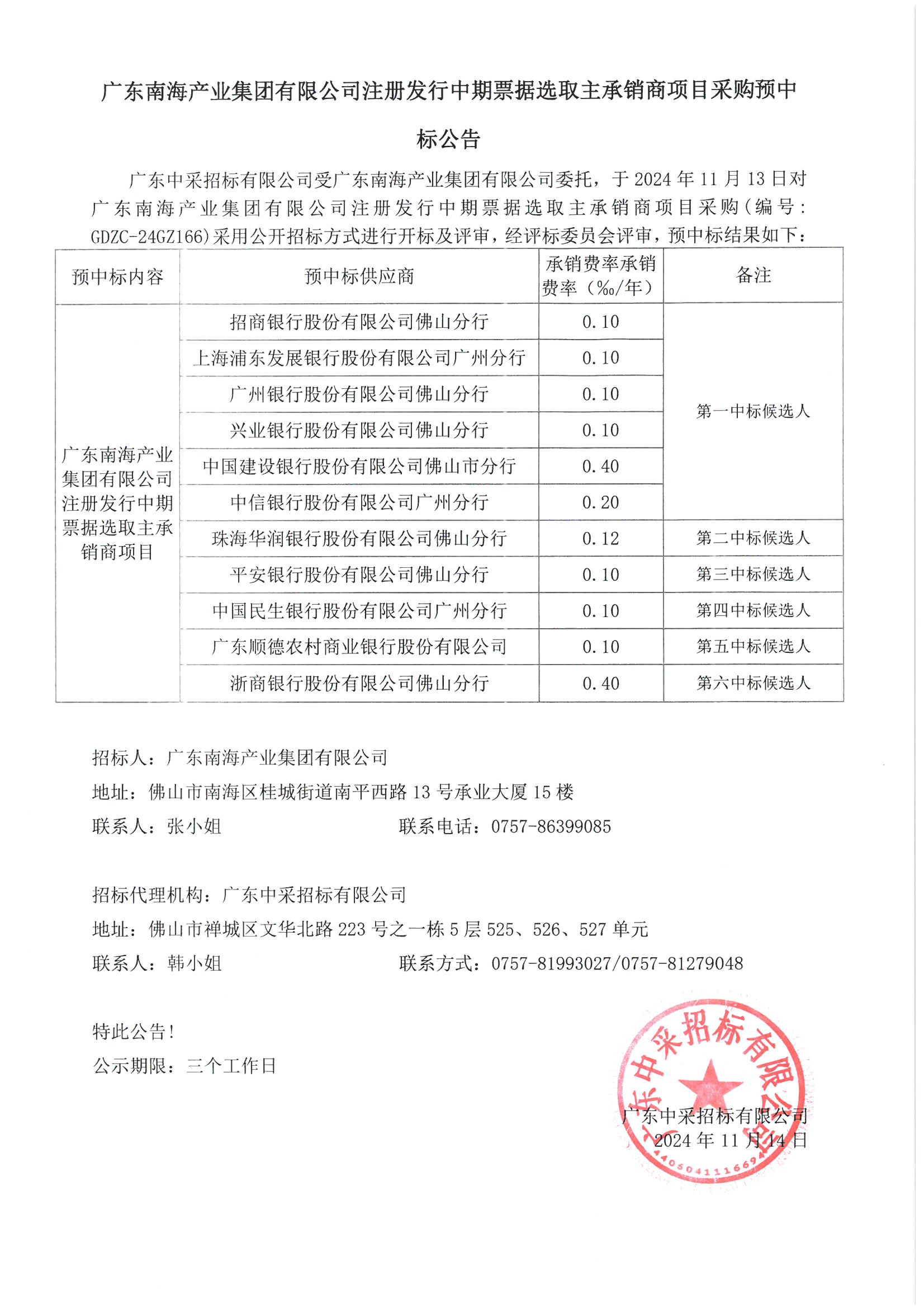廣東南海產(chǎn)業(yè)集團(tuán)注冊發(fā)行中期票據(jù)選取主承銷商項目采購預(yù)